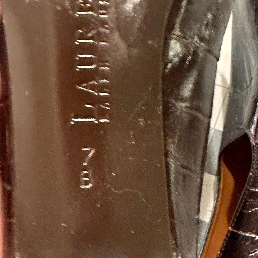 Lauren Ralph Lauren VTGE Pumps Size.7B Brown Croc Embossed Leather Block‎ Heel